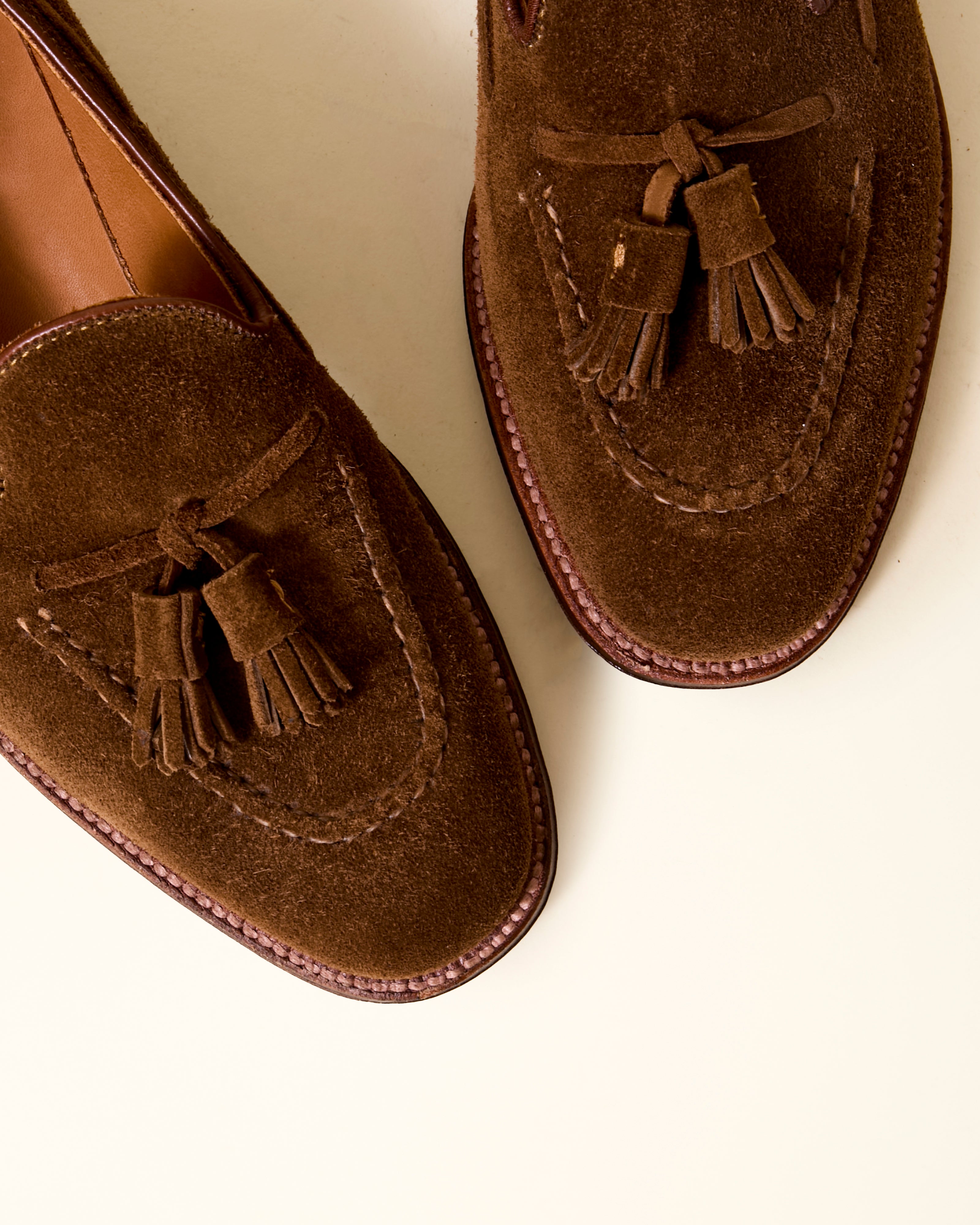 "Bright" Handsewn Tassel Loafer in Snuff Suede, Plaza Last