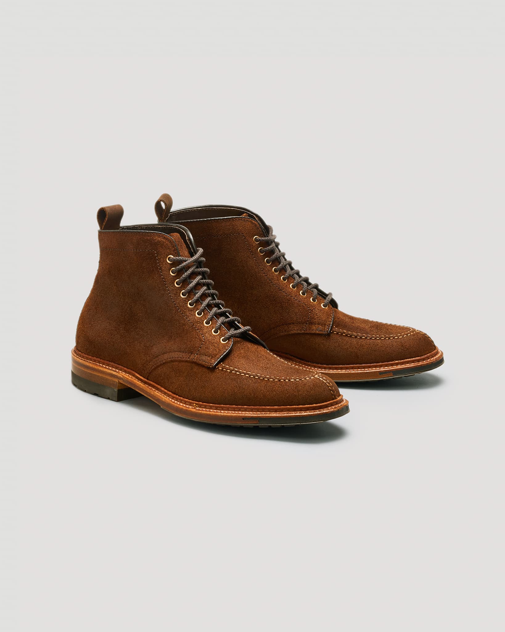 "B&T" Handsewn Norwegian Front Boot in Tobacco Reverse Chamois, Barrie Last