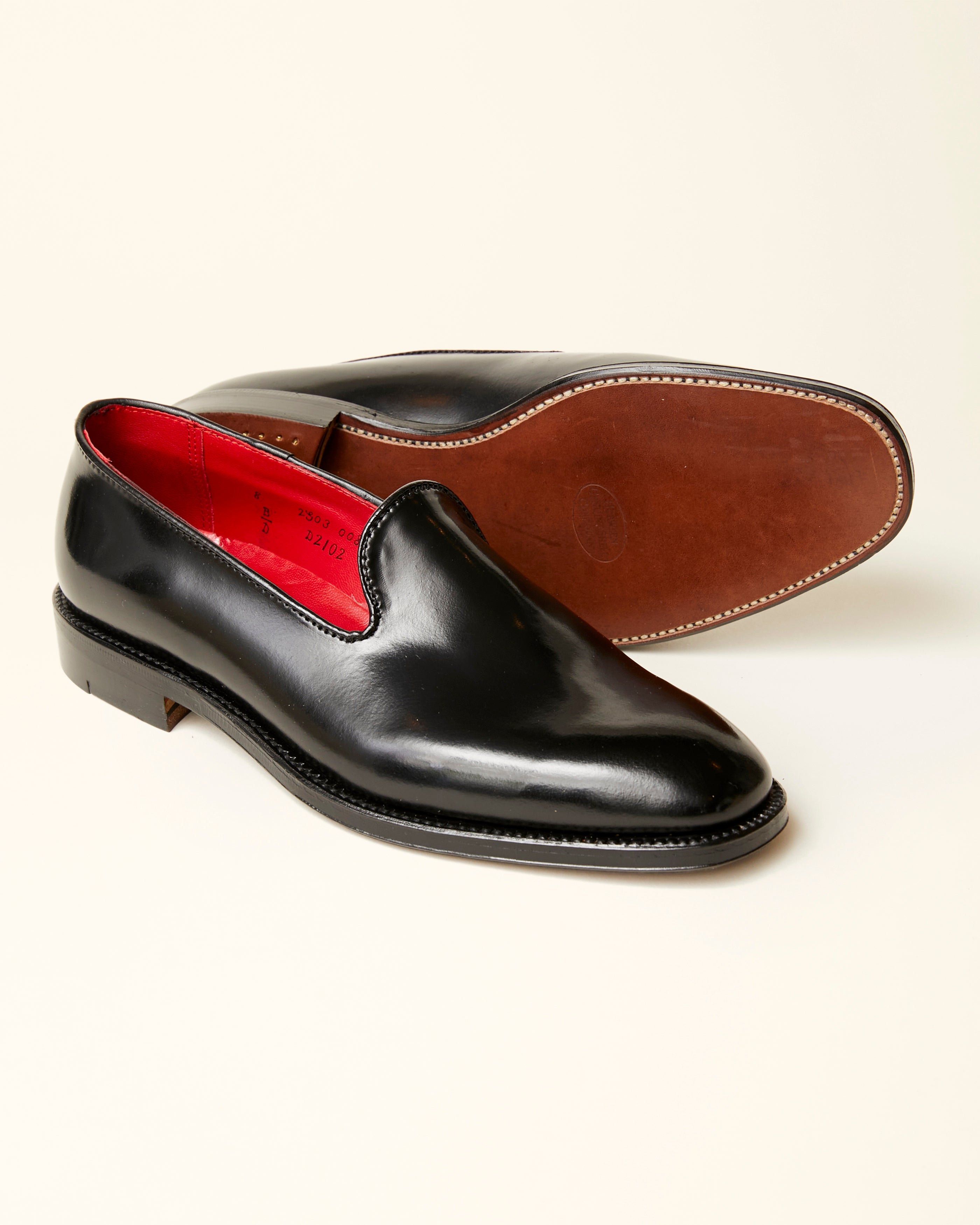 Plain Toe Slip On Loafer in Black Shell Cordovan, Plaza Last