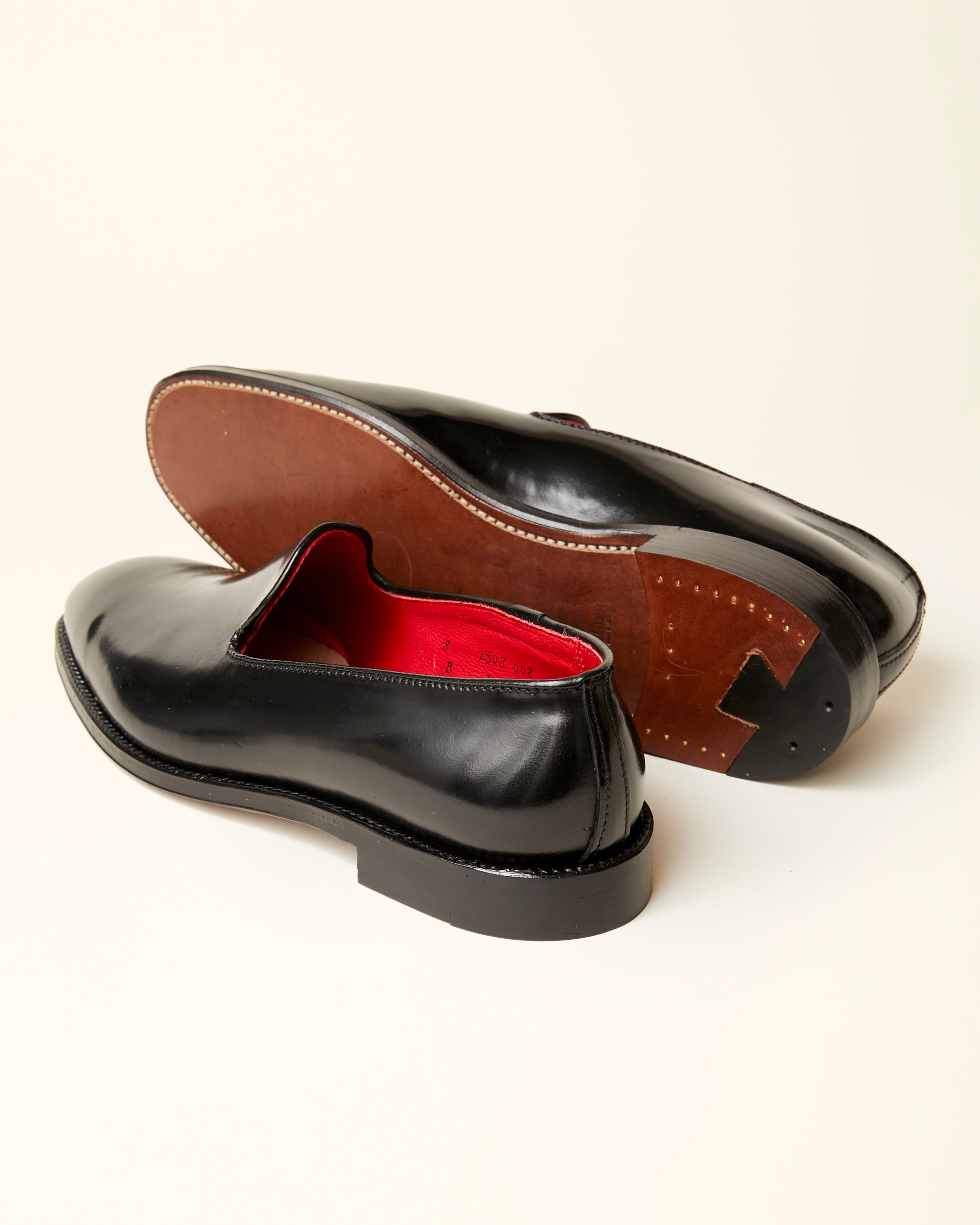 Plain Toe Slip On Loafer in Black Shell Cordovan, Plaza Last