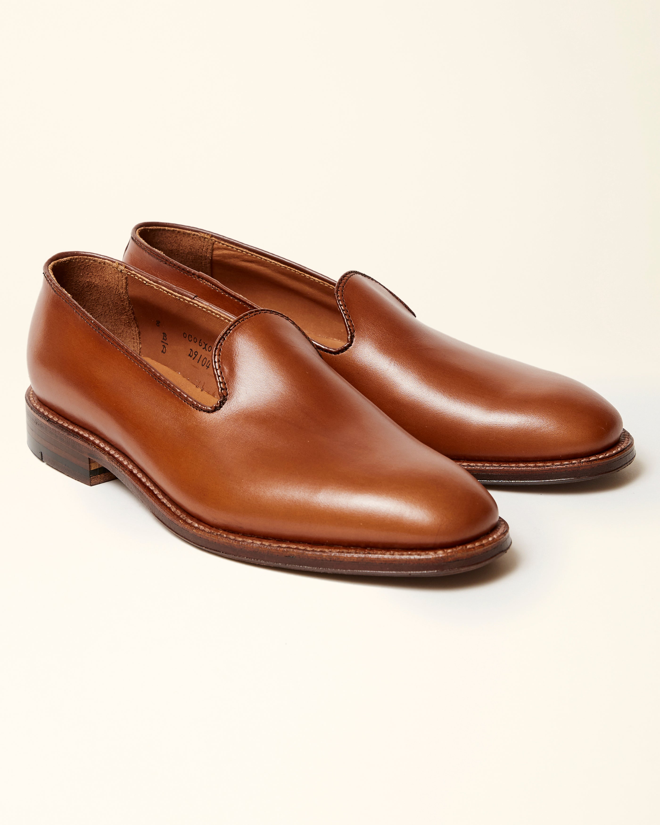 Plain Toe Slip On Loafer in Burnished Tan Calfskin, Plaza Last
