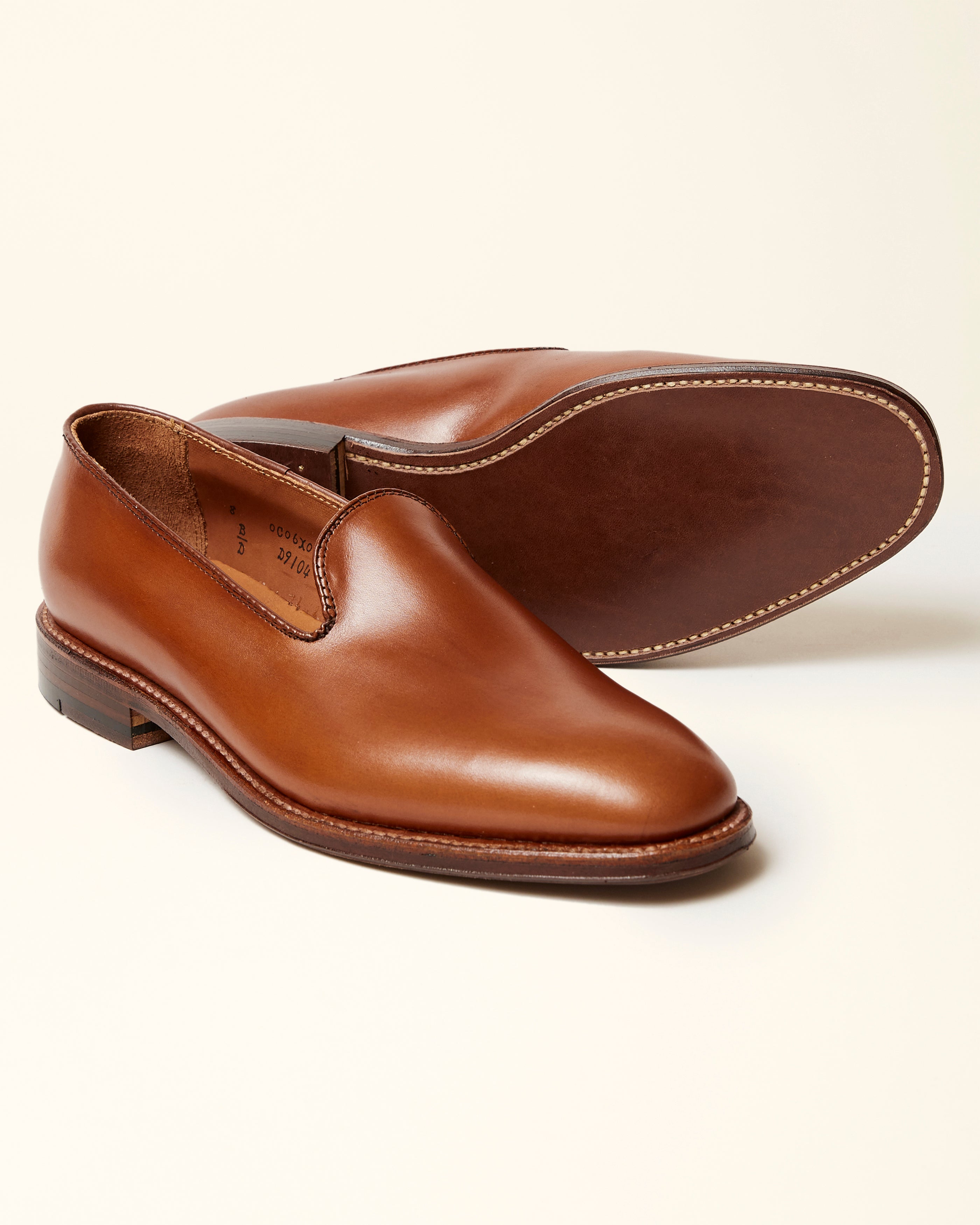 Plain Toe Slip On Loafer in Burnished Tan Calfskin, Plaza Last