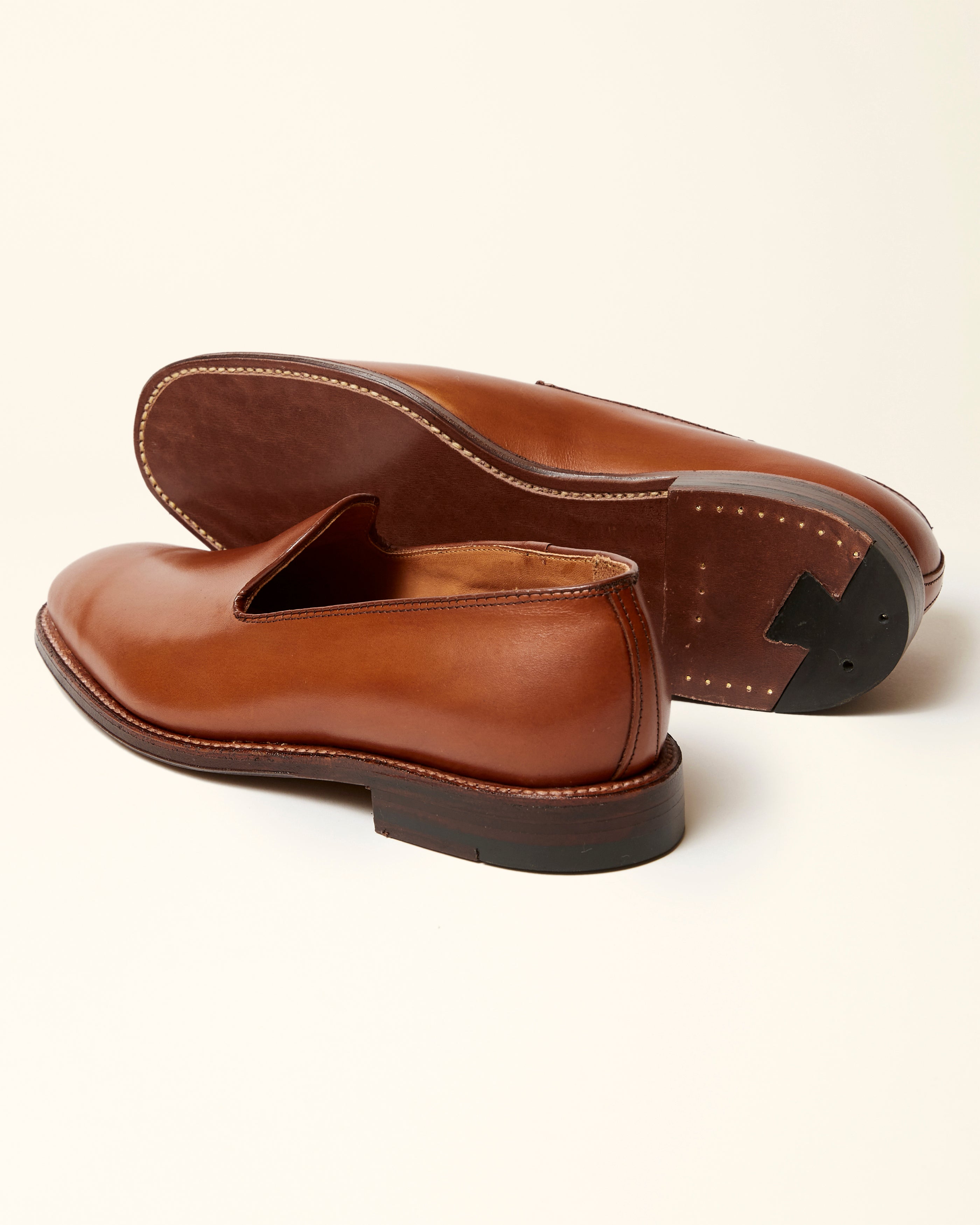 Plain Toe Slip On Loafer in Burnished Tan Calfskin, Plaza Last