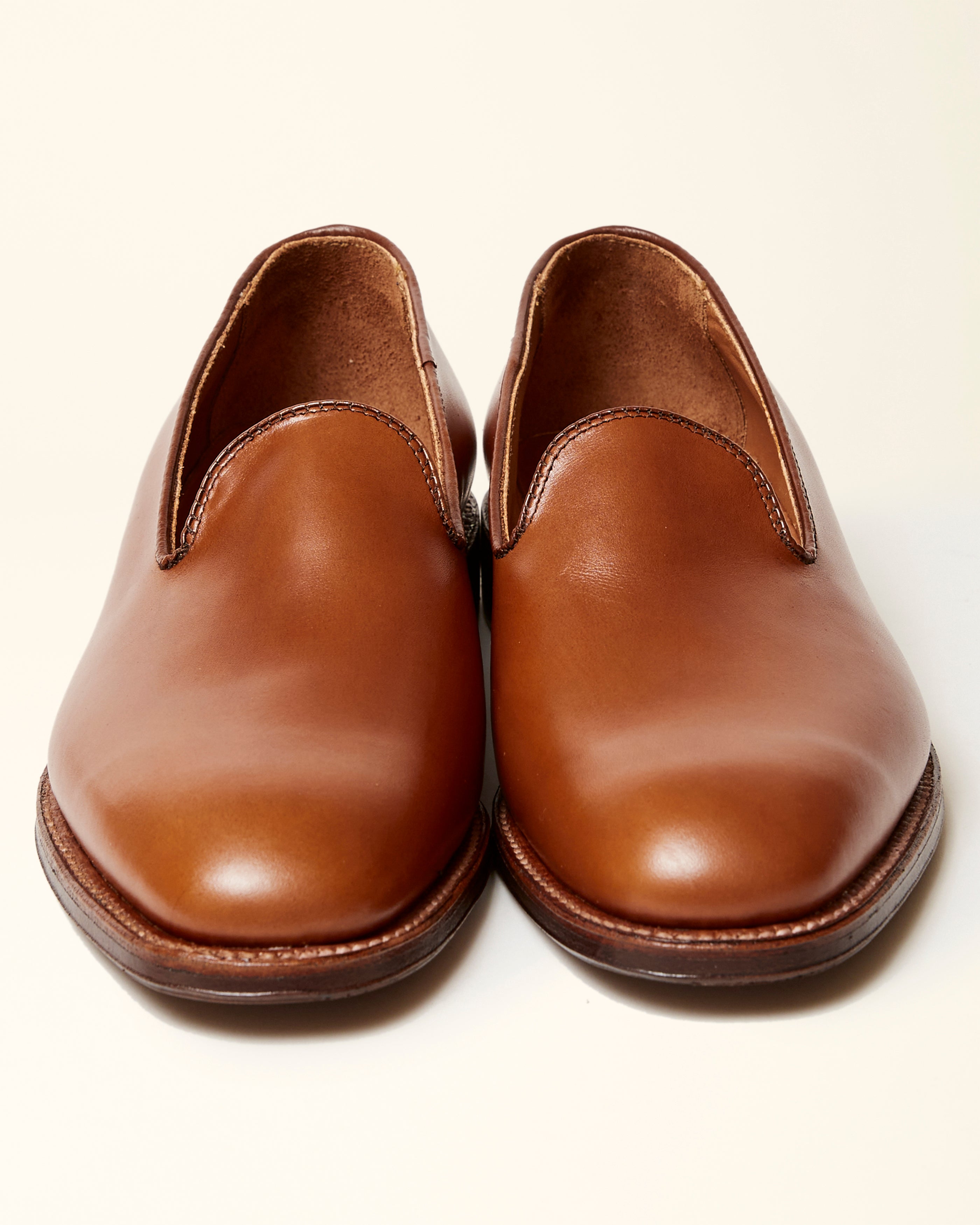 Plain Toe Slip On Loafer in Burnished Tan Calfskin, Plaza Last