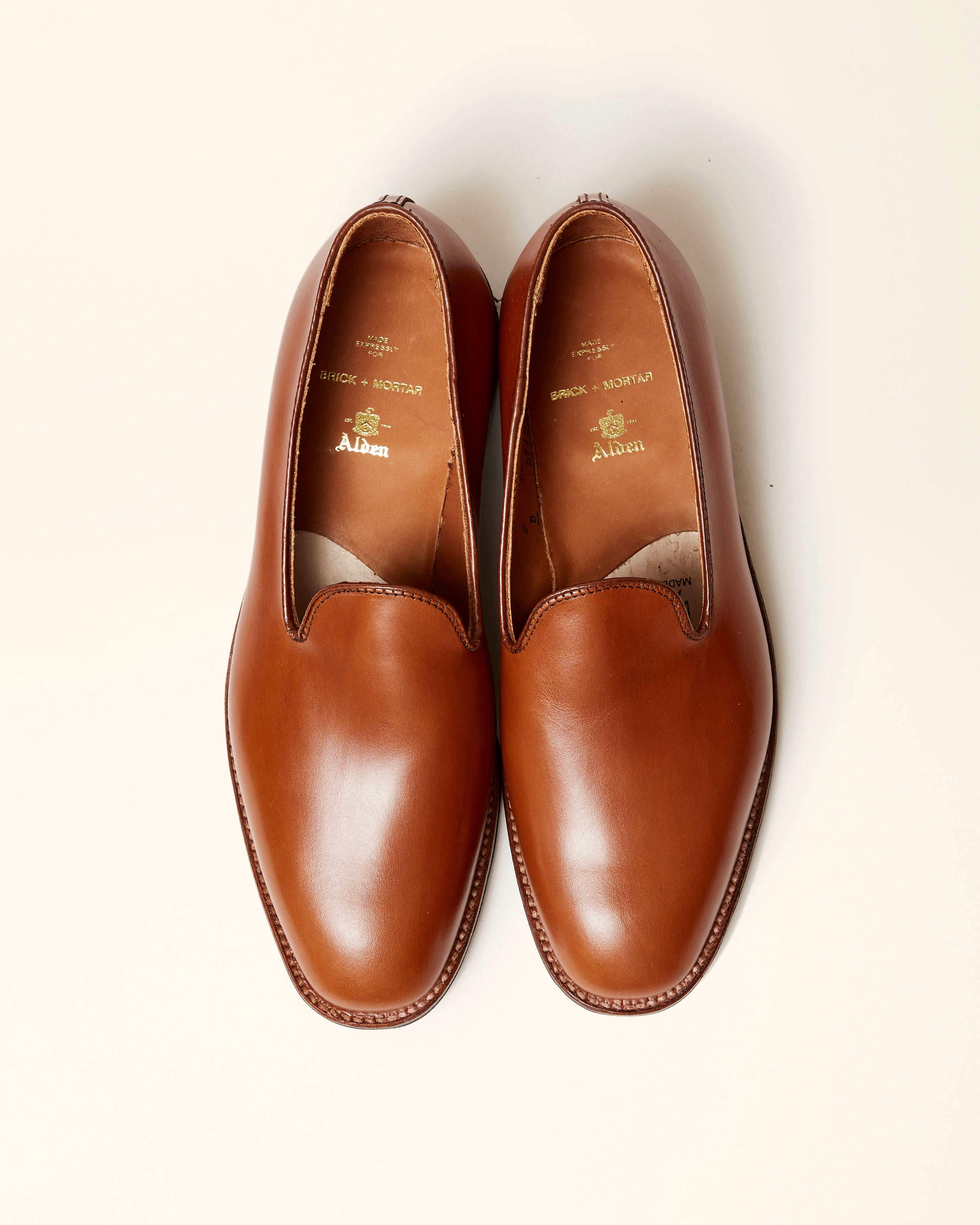 Plain Toe Slip On Loafer in Burnished Tan Calfskin, Plaza Last